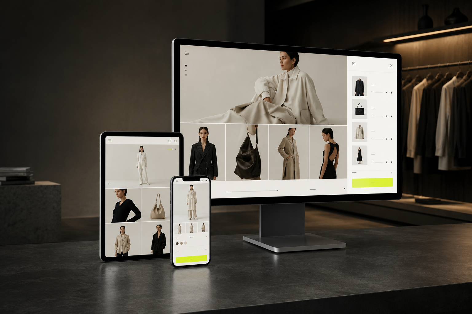 Responsive premium fashion Shopify website concept displayed on desktop tablet and mobile devices