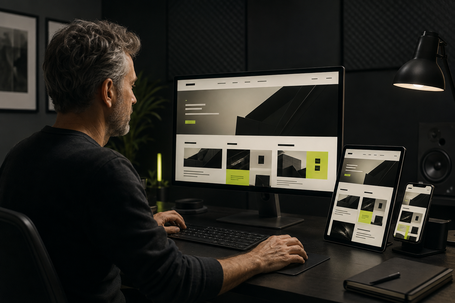 Web designer reviewing a premium responsive website on desktop, tablet and mobile screens